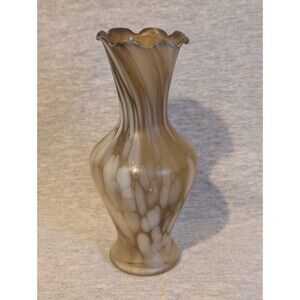 Vtg Hand Blown Brown & White Marble Spatter Confetti Swirl Glass Ruffled Vase
